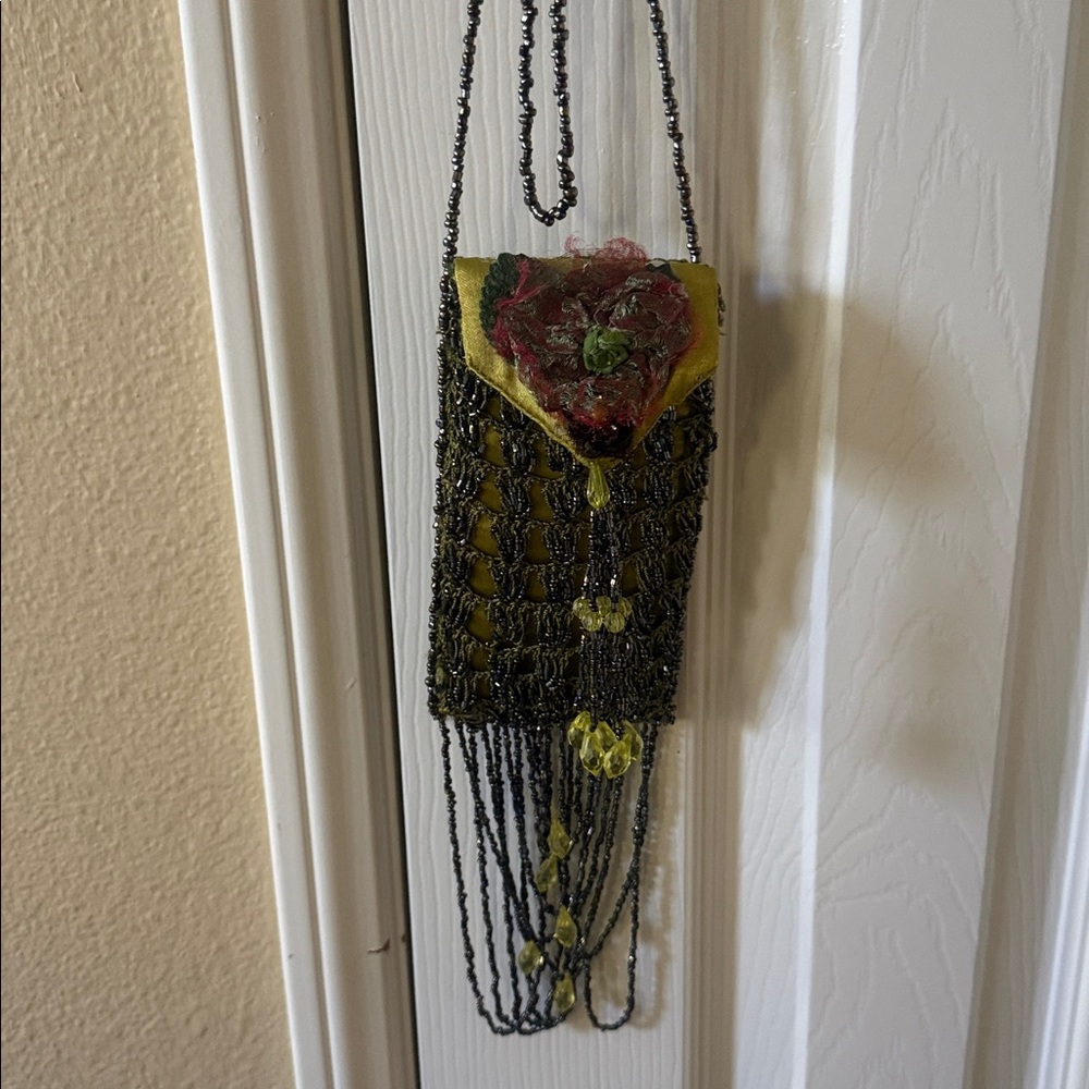 Vintage crochet beaded Black and green Mini Bag evening bag or phone case